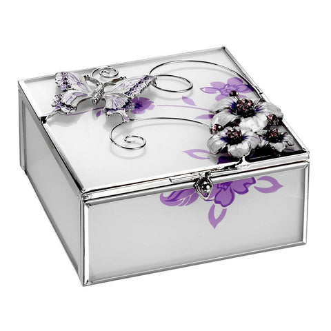 Sophia Collection Glass Square With Purple Butterfly Trinket Box