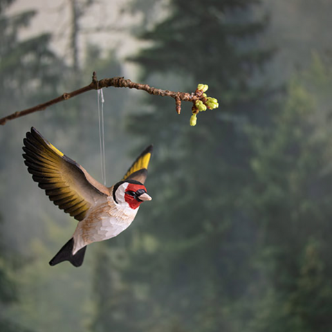Wildlife Garden Decobird Carved Wooden Figure of a Goldfinch in Flight