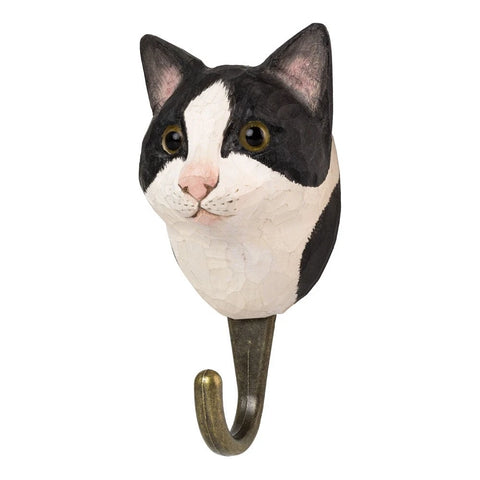 Hand Carved Wooden Black and White Cat With Hook By Wildlife Garden