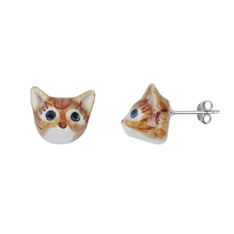 AND MARY Ceramic Cat Face Ginger Tabby Ear Studs