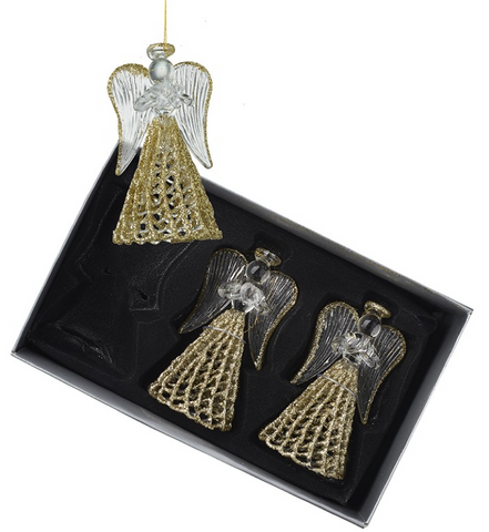 HEAVEN SENDS - 3 GLASS ANGELS With SPUN GOLD SKIRTS