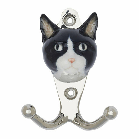 And Mary Ceramic Hook Black & White Cat With Chrome Finish