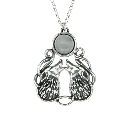 St Justin Pewter Pendant Pair of wolves with moonstone