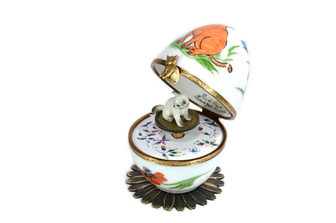 Limoges Porcelain Musical Egg decorated with Ginger Cat and Poppies by Fanex